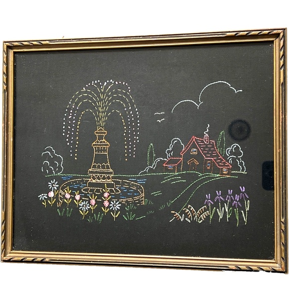 Handmade Embroidered Water Fountain Cabin Flowers Framed Art on Black Vintage - Picture 1 of 5